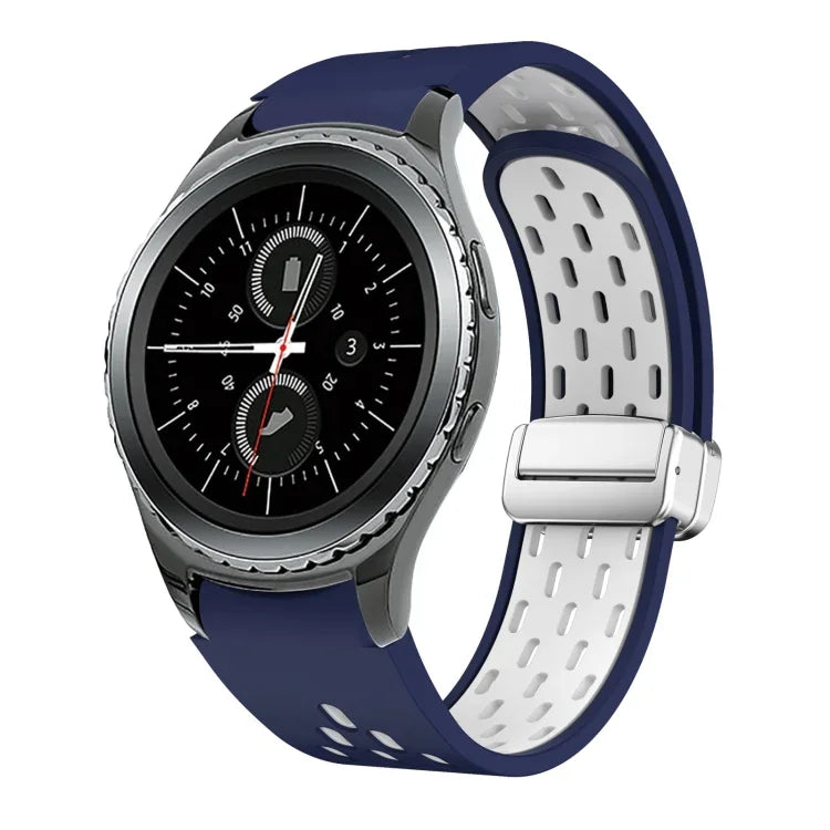 สายรัดนาฬิกาซิลิโคนพับหัวเข็มขัดแม่เหล็กสีเงินสองสี สำหรับ Samsung Galaxy Watch 3 41 มม., สำหรับ Samsung Galaxy Watch Active, สำหรับ Samsung Galaxy Watch 42 มม., สำหรับ Samsung Gear S2 Classic