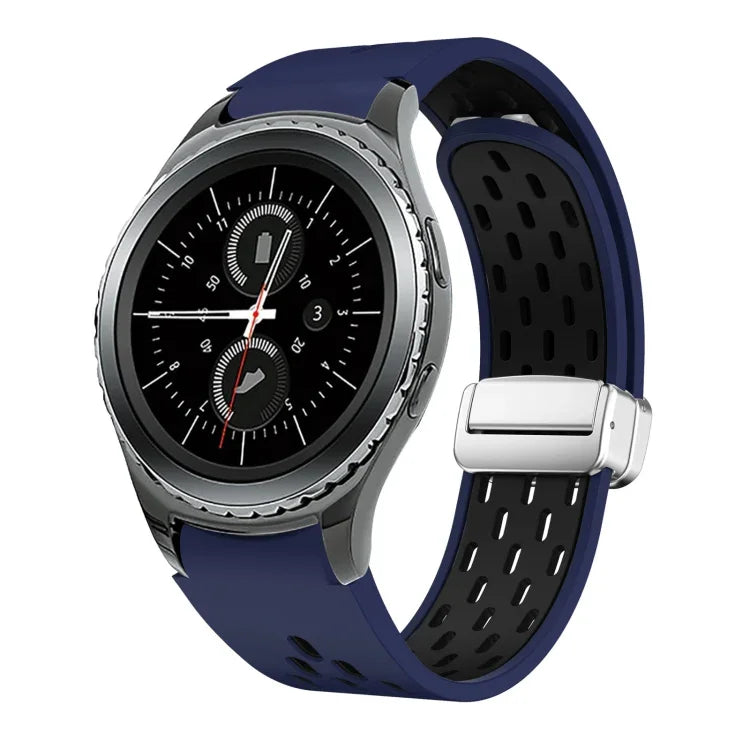 สายรัดนาฬิกาซิลิโคนพับหัวเข็มขัดแม่เหล็กสีเงินสองสี สำหรับ Samsung Galaxy Watch 3 41 มม., สำหรับ Samsung Galaxy Watch Active, สำหรับ Samsung Galaxy Watch 42 มม., สำหรับ Samsung Gear S2 Classic