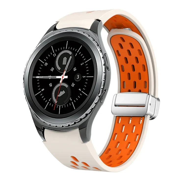 สายรัดนาฬิกาซิลิโคนพับหัวเข็มขัดแม่เหล็กสีเงินสองสี สำหรับ Samsung Galaxy Watch 3 41 มม., สำหรับ Samsung Galaxy Watch Active, สำหรับ Samsung Galaxy Watch 42 มม., สำหรับ Samsung Gear S2 Classic