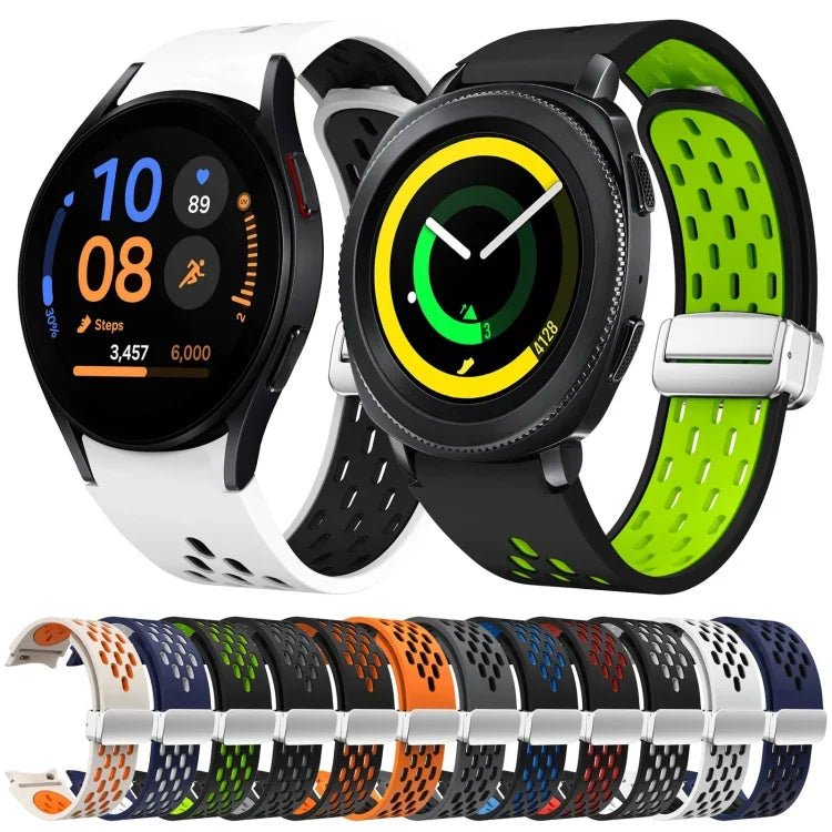 สายรัดนาฬิกาซิลิโคนพับหัวเข็มขัดแม่เหล็กสีเงินสองสี สำหรับ Samsung Galaxy Watch 3 41 มม., สำหรับ Samsung Galaxy Watch Active, สำหรับ Samsung Galaxy Watch 42 มม., สำหรับ Samsung Gear S2 Classic