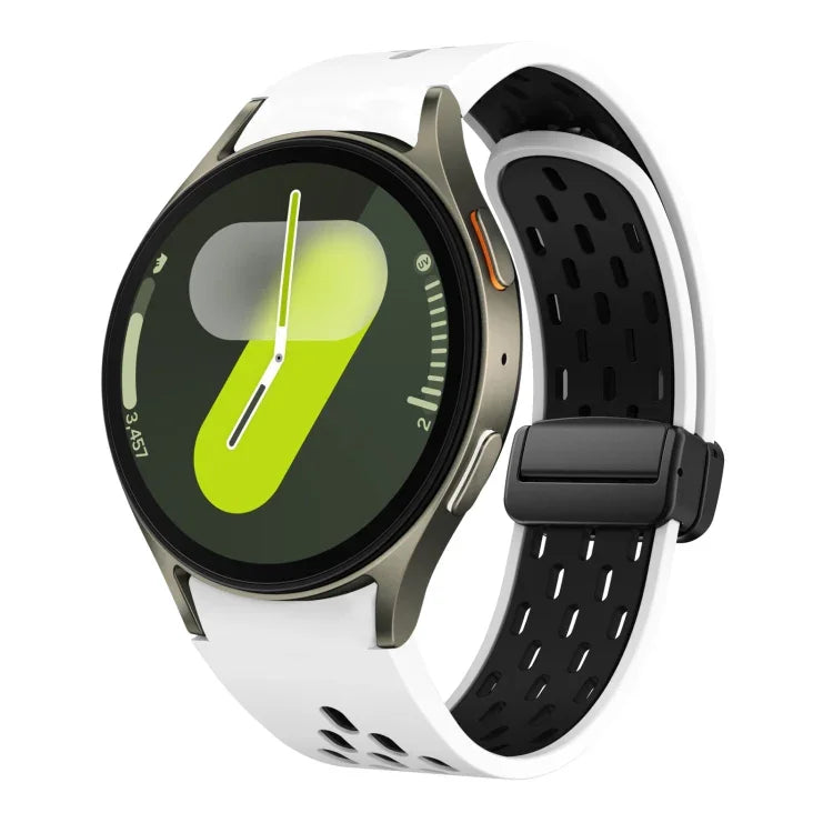 สายซิลิโคนพับแม่เหล็กสองสีพร้อมหัวเข็มขัดสีดำ สำหรับ Samsung Galaxy Watch 7 40 / 44มม., สำหรับ Samsung Galaxy Watch 5 40 / 44มม., สำหรับ Samsung Galaxy Watch 4 40 / 44มม., สำหรับ Samsung Galaxy Watch 4 Classic 42 / 46มม.