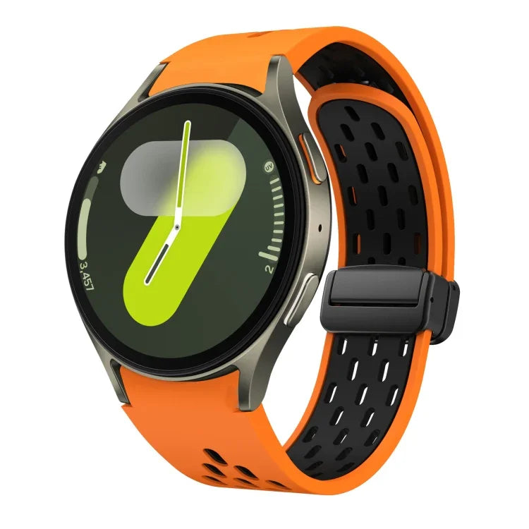 สายซิลิโคนพับแม่เหล็กสองสีพร้อมหัวเข็มขัดสีดำ สำหรับ Samsung Galaxy Watch 7 40 / 44มม., สำหรับ Samsung Galaxy Watch 5 40 / 44มม., สำหรับ Samsung Galaxy Watch 4 40 / 44มม., สำหรับ Samsung Galaxy Watch 4 Classic 42 / 46มม.