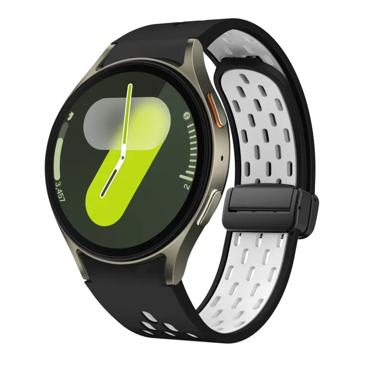 สายซิลิโคนพับแม่เหล็กสองสีพร้อมหัวเข็มขัดสีดำ สำหรับ Samsung Galaxy Watch 7 40 / 44มม., สำหรับ Samsung Galaxy Watch 5 40 / 44มม., สำหรับ Samsung Galaxy Watch 4 40 / 44มม., สำหรับ Samsung Galaxy Watch 4 Classic 42 / 46มม.