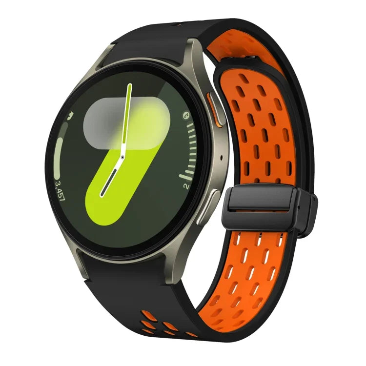 สายซิลิโคนพับแม่เหล็กสองสีพร้อมหัวเข็มขัดสีดำ สำหรับ Samsung Galaxy Watch 7 40 / 44มม., สำหรับ Samsung Galaxy Watch 5 40 / 44มม., สำหรับ Samsung Galaxy Watch 4 40 / 44มม., สำหรับ Samsung Galaxy Watch 4 Classic 42 / 46มม.