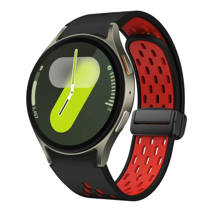 สายซิลิโคนพับแม่เหล็กสองสีพร้อมหัวเข็มขัดสีดำ สำหรับ Samsung Galaxy Watch 7 40 / 44มม., สำหรับ Samsung Galaxy Watch 5 40 / 44มม., สำหรับ Samsung Galaxy Watch 4 40 / 44มม., สำหรับ Samsung Galaxy Watch 4 Classic 42 / 46มม.