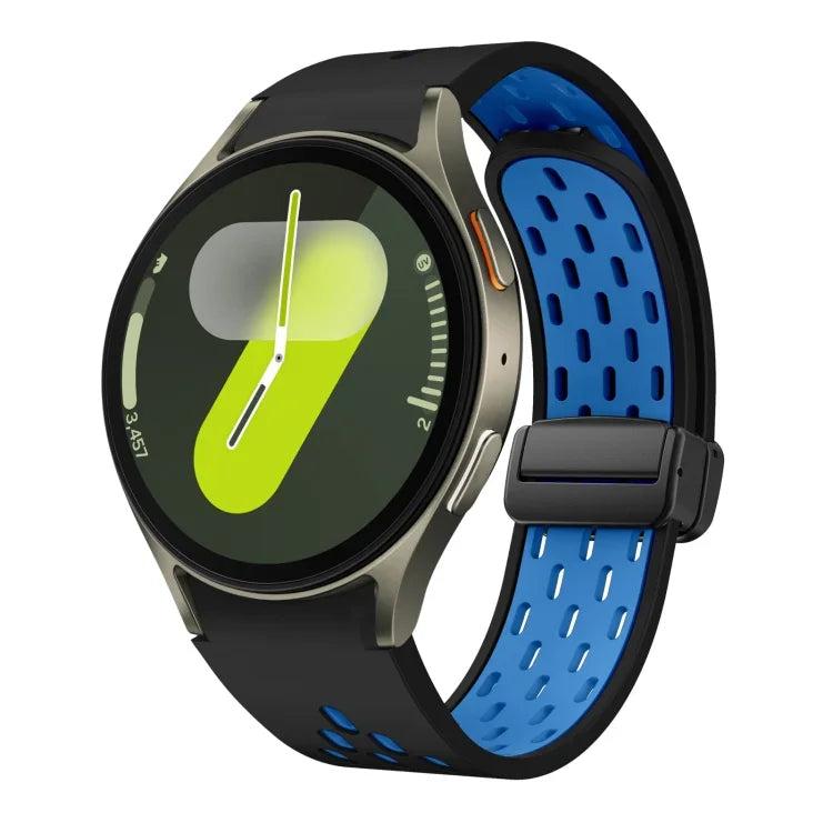 สายซิลิโคนพับแม่เหล็กสองสีพร้อมหัวเข็มขัดสีดำ สำหรับ Samsung Galaxy Watch 7 40 / 44มม., สำหรับ Samsung Galaxy Watch 5 40 / 44มม., สำหรับ Samsung Galaxy Watch 4 40 / 44มม., สำหรับ Samsung Galaxy Watch 4 Classic 42 / 46มม.