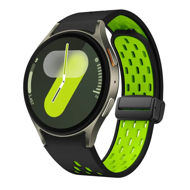 สายซิลิโคนพับแม่เหล็กสองสีพร้อมหัวเข็มขัดสีดำ สำหรับ Samsung Galaxy Watch 7 40 / 44มม., สำหรับ Samsung Galaxy Watch 5 40 / 44มม., สำหรับ Samsung Galaxy Watch 4 40 / 44มม., สำหรับ Samsung Galaxy Watch 4 Classic 42 / 46มม.