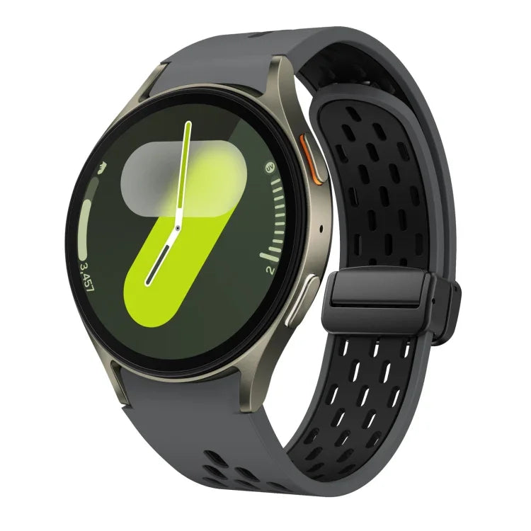 สายซิลิโคนพับแม่เหล็กสองสีพร้อมหัวเข็มขัดสีดำ สำหรับ Samsung Galaxy Watch 7 40 / 44มม., สำหรับ Samsung Galaxy Watch 5 40 / 44มม., สำหรับ Samsung Galaxy Watch 4 40 / 44มม., สำหรับ Samsung Galaxy Watch 4 Classic 42 / 46มม.