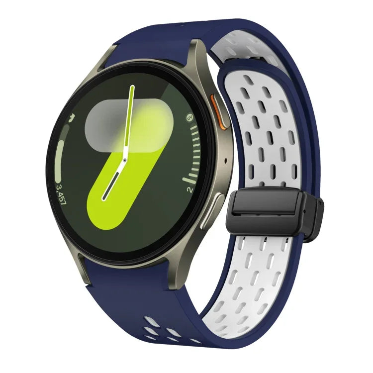 สายซิลิโคนพับแม่เหล็กสองสีพร้อมหัวเข็มขัดสีดำ สำหรับ Samsung Galaxy Watch 7 40 / 44มม., สำหรับ Samsung Galaxy Watch 5 40 / 44มม., สำหรับ Samsung Galaxy Watch 4 40 / 44มม., สำหรับ Samsung Galaxy Watch 4 Classic 42 / 46มม.