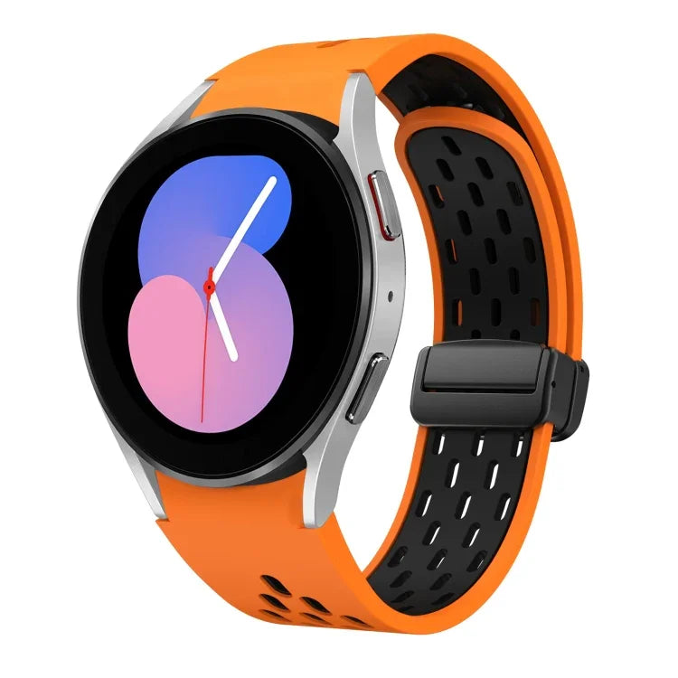 สายซิลิโคนพับแม่เหล็กสองสีพร้อมหัวเข็มขัดสีดำ สำหรับ Samsung Galaxy Watch 7 40 / 44มม., สำหรับ Samsung Galaxy Watch 5 40 / 44มม., สำหรับ Samsung Galaxy Watch 4 40 / 44มม., สำหรับ Samsung Galaxy Watch 4 Classic 42 / 46มม.