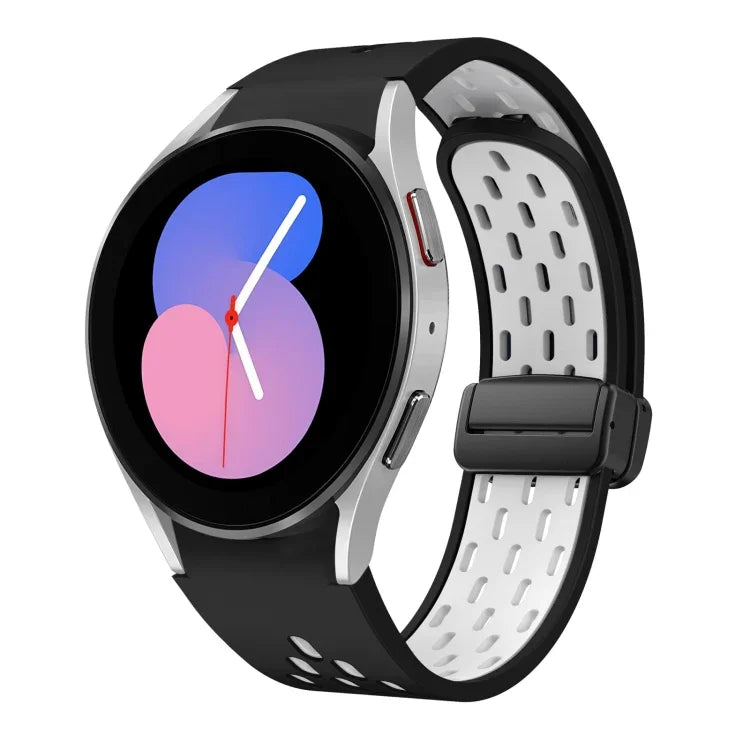 สายซิลิโคนพับแม่เหล็กสองสีพร้อมหัวเข็มขัดสีดำ สำหรับ Samsung Galaxy Watch 7 40 / 44มม., สำหรับ Samsung Galaxy Watch 5 40 / 44มม., สำหรับ Samsung Galaxy Watch 4 40 / 44มม., สำหรับ Samsung Galaxy Watch 4 Classic 42 / 46มม.