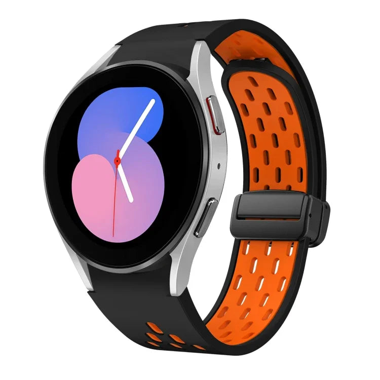 สายซิลิโคนพับแม่เหล็กสองสีพร้อมหัวเข็มขัดสีดำ สำหรับ Samsung Galaxy Watch 7 40 / 44มม., สำหรับ Samsung Galaxy Watch 5 40 / 44มม., สำหรับ Samsung Galaxy Watch 4 40 / 44มม., สำหรับ Samsung Galaxy Watch 4 Classic 42 / 46มม.