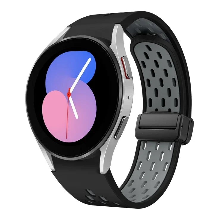 สายซิลิโคนพับแม่เหล็กสองสีพร้อมหัวเข็มขัดสีดำ สำหรับ Samsung Galaxy Watch 7 40 / 44มม., สำหรับ Samsung Galaxy Watch 5 40 / 44มม., สำหรับ Samsung Galaxy Watch 4 40 / 44มม., สำหรับ Samsung Galaxy Watch 4 Classic 42 / 46มม.
