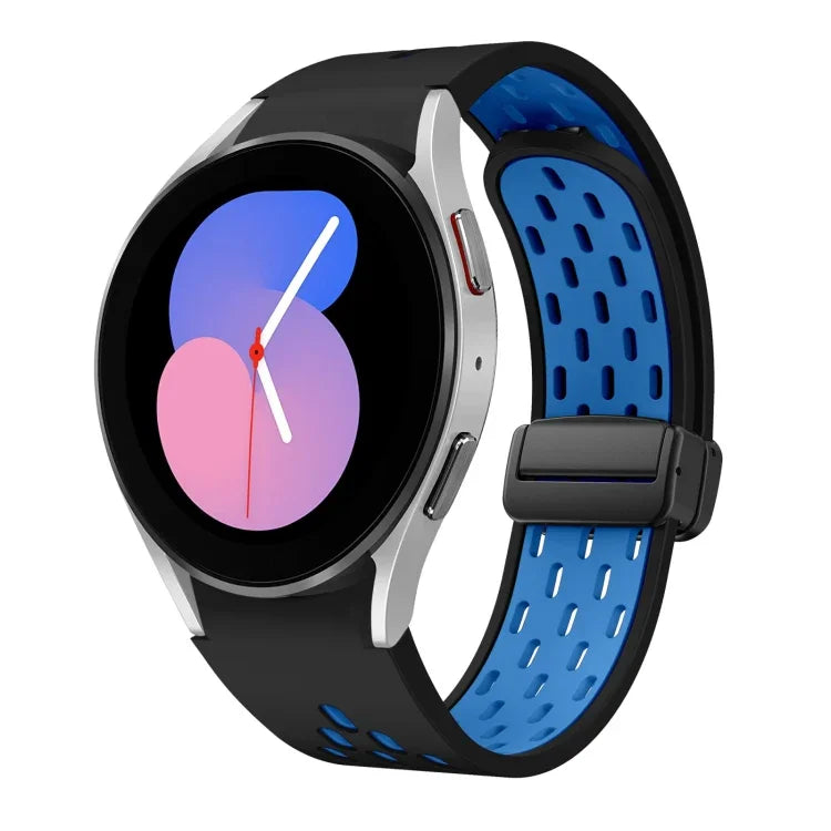 สายซิลิโคนพับแม่เหล็กสองสีพร้อมหัวเข็มขัดสีดำ สำหรับ Samsung Galaxy Watch 7 40 / 44มม., สำหรับ Samsung Galaxy Watch 5 40 / 44มม., สำหรับ Samsung Galaxy Watch 4 40 / 44มม., สำหรับ Samsung Galaxy Watch 4 Classic 42 / 46มม.