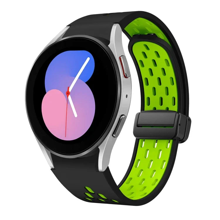 สายซิลิโคนพับแม่เหล็กสองสีพร้อมหัวเข็มขัดสีดำ สำหรับ Samsung Galaxy Watch 7 40 / 44มม., สำหรับ Samsung Galaxy Watch 5 40 / 44มม., สำหรับ Samsung Galaxy Watch 4 40 / 44มม., สำหรับ Samsung Galaxy Watch 4 Classic 42 / 46มม.