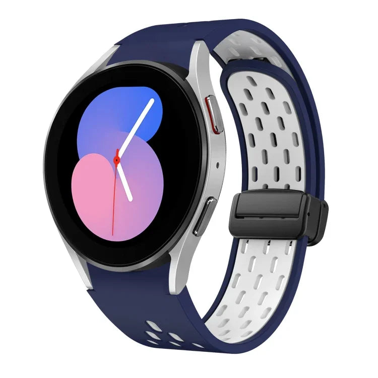 สายซิลิโคนพับแม่เหล็กสองสีพร้อมหัวเข็มขัดสีดำ สำหรับ Samsung Galaxy Watch 7 40 / 44มม., สำหรับ Samsung Galaxy Watch 5 40 / 44มม., สำหรับ Samsung Galaxy Watch 4 40 / 44มม., สำหรับ Samsung Galaxy Watch 4 Classic 42 / 46มม.