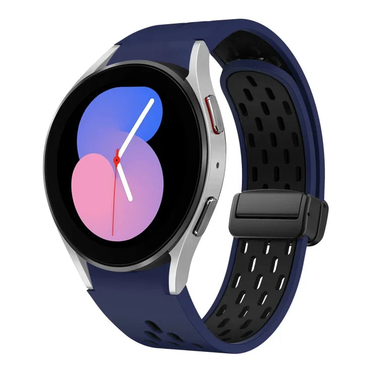 สายซิลิโคนพับแม่เหล็กสองสีพร้อมหัวเข็มขัดสีดำ สำหรับ Samsung Galaxy Watch 7 40 / 44มม., สำหรับ Samsung Galaxy Watch 5 40 / 44มม., สำหรับ Samsung Galaxy Watch 4 40 / 44มม., สำหรับ Samsung Galaxy Watch 4 Classic 42 / 46มม.