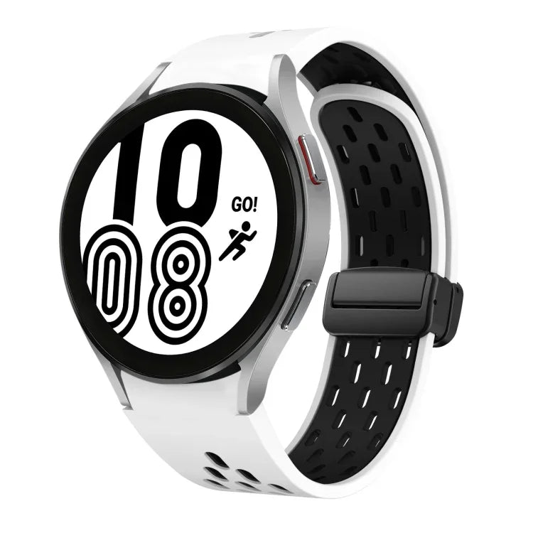 สายซิลิโคนพับแม่เหล็กสองสีพร้อมหัวเข็มขัดสีดำ สำหรับ Samsung Galaxy Watch 7 40 / 44มม., สำหรับ Samsung Galaxy Watch 5 40 / 44มม., สำหรับ Samsung Galaxy Watch 4 40 / 44มม., สำหรับ Samsung Galaxy Watch 4 Classic 42 / 46มม.