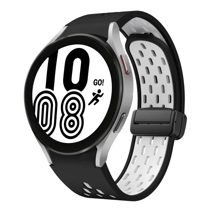 สายซิลิโคนพับแม่เหล็กสองสีพร้อมหัวเข็มขัดสีดำ สำหรับ Samsung Galaxy Watch 7 40 / 44มม., สำหรับ Samsung Galaxy Watch 5 40 / 44มม., สำหรับ Samsung Galaxy Watch 4 40 / 44มม., สำหรับ Samsung Galaxy Watch 4 Classic 42 / 46มม.