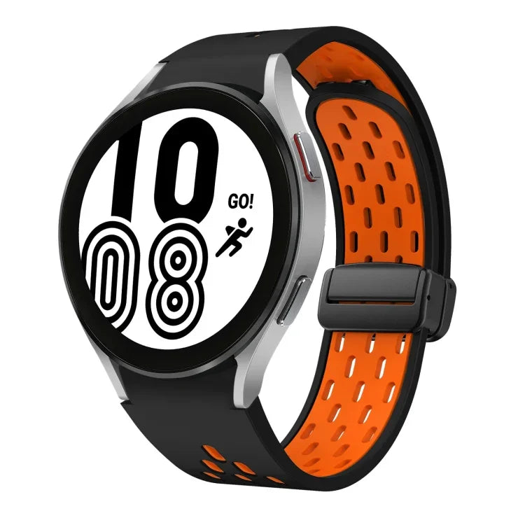 สายซิลิโคนพับแม่เหล็กสองสีพร้อมหัวเข็มขัดสีดำ สำหรับ Samsung Galaxy Watch 7 40 / 44มม., สำหรับ Samsung Galaxy Watch 5 40 / 44มม., สำหรับ Samsung Galaxy Watch 4 40 / 44มม., สำหรับ Samsung Galaxy Watch 4 Classic 42 / 46มม.