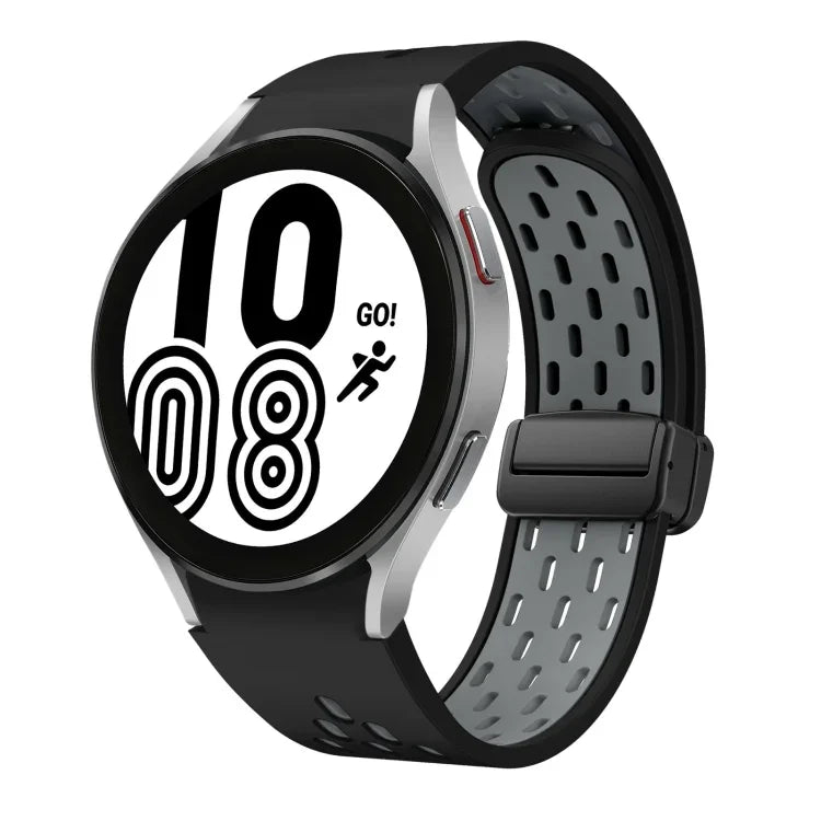 สายซิลิโคนพับแม่เหล็กสองสีพร้อมหัวเข็มขัดสีดำ สำหรับ Samsung Galaxy Watch 7 40 / 44มม., สำหรับ Samsung Galaxy Watch 5 40 / 44มม., สำหรับ Samsung Galaxy Watch 4 40 / 44มม., สำหรับ Samsung Galaxy Watch 4 Classic 42 / 46มม.