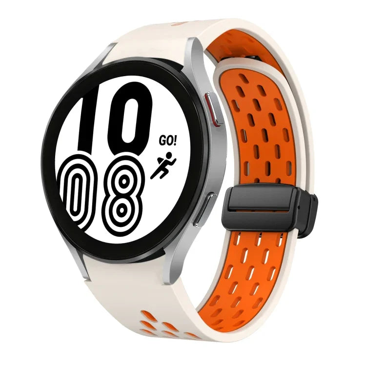 สายซิลิโคนพับแม่เหล็กสองสีพร้อมหัวเข็มขัดสีดำ สำหรับ Samsung Galaxy Watch 7 40 / 44มม., สำหรับ Samsung Galaxy Watch 5 40 / 44มม., สำหรับ Samsung Galaxy Watch 4 40 / 44มม., สำหรับ Samsung Galaxy Watch 4 Classic 42 / 46มม.