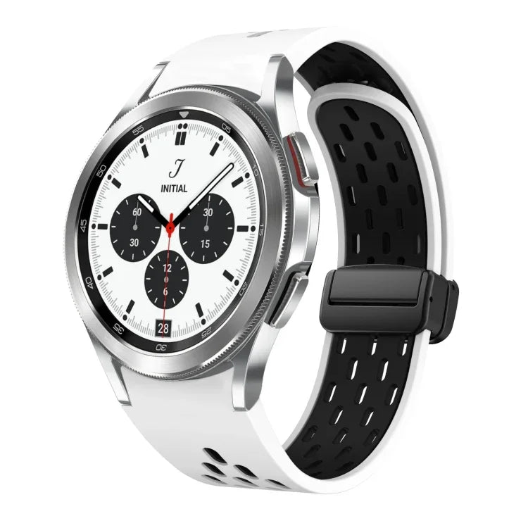 สายซิลิโคนพับแม่เหล็กสองสีพร้อมหัวเข็มขัดสีดำ สำหรับ Samsung Galaxy Watch 7 40 / 44มม., สำหรับ Samsung Galaxy Watch 5 40 / 44มม., สำหรับ Samsung Galaxy Watch 4 40 / 44มม., สำหรับ Samsung Galaxy Watch 4 Classic 42 / 46มม.