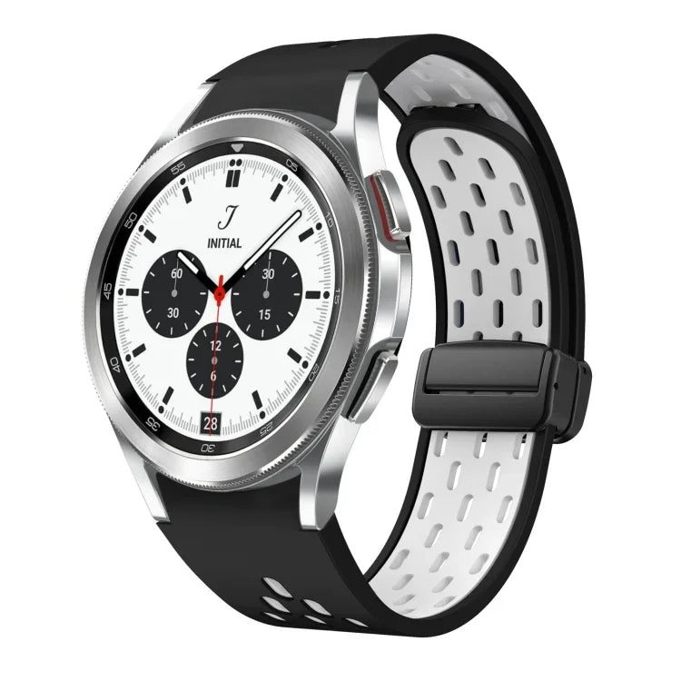 สายซิลิโคนพับแม่เหล็กสองสีพร้อมหัวเข็มขัดสีดำ สำหรับ Samsung Galaxy Watch 7 40 / 44มม., สำหรับ Samsung Galaxy Watch 5 40 / 44มม., สำหรับ Samsung Galaxy Watch 4 40 / 44มม., สำหรับ Samsung Galaxy Watch 4 Classic 42 / 46มม.
