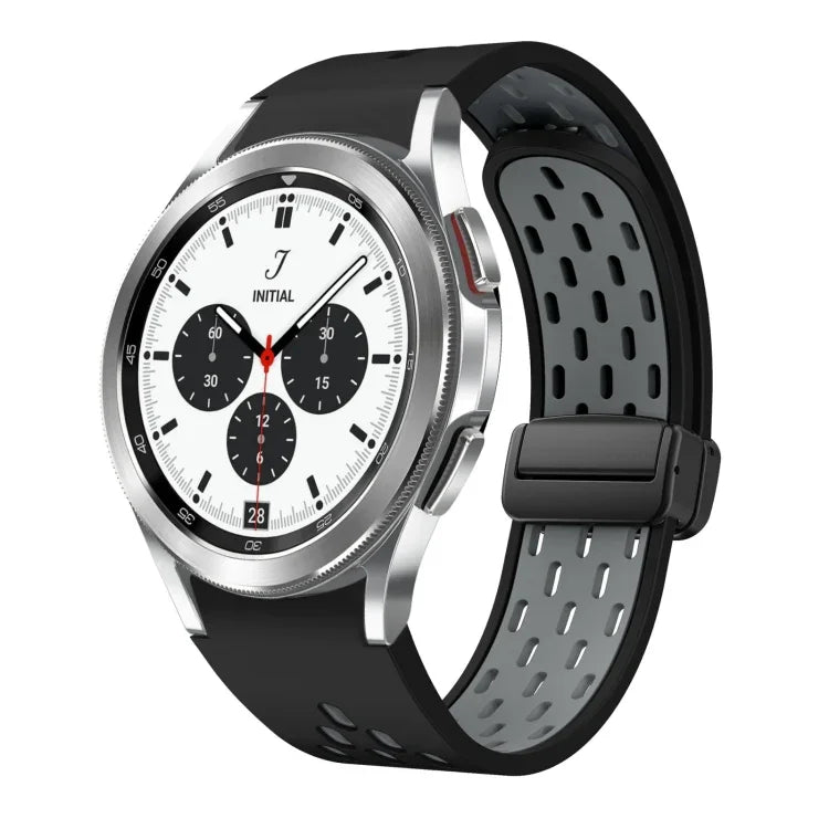 สายซิลิโคนพับแม่เหล็กสองสีพร้อมหัวเข็มขัดสีดำ สำหรับ Samsung Galaxy Watch 7 40 / 44มม., สำหรับ Samsung Galaxy Watch 5 40 / 44มม., สำหรับ Samsung Galaxy Watch 4 40 / 44มม., สำหรับ Samsung Galaxy Watch 4 Classic 42 / 46มม.