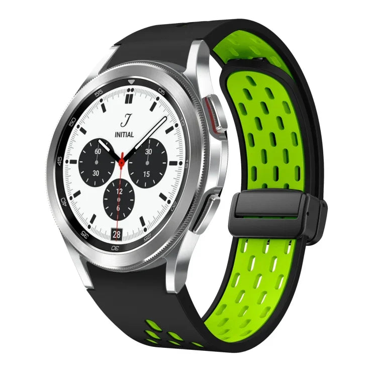 สายซิลิโคนพับแม่เหล็กสองสีพร้อมหัวเข็มขัดสีดำ สำหรับ Samsung Galaxy Watch 7 40 / 44มม., สำหรับ Samsung Galaxy Watch 5 40 / 44มม., สำหรับ Samsung Galaxy Watch 4 40 / 44มม., สำหรับ Samsung Galaxy Watch 4 Classic 42 / 46มม.