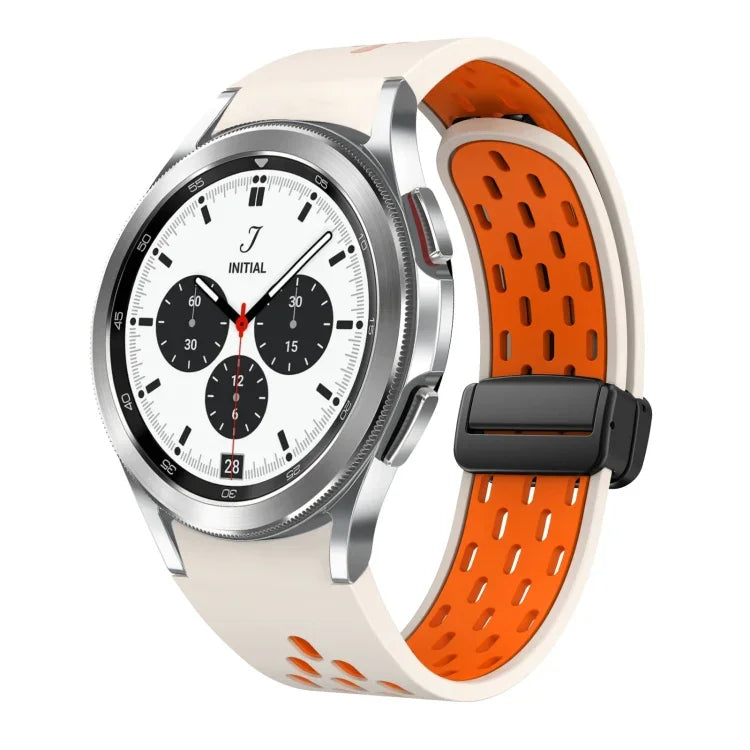 สายซิลิโคนพับแม่เหล็กสองสีพร้อมหัวเข็มขัดสีดำ สำหรับ Samsung Galaxy Watch 7 40 / 44มม., สำหรับ Samsung Galaxy Watch 5 40 / 44มม., สำหรับ Samsung Galaxy Watch 4 40 / 44มม., สำหรับ Samsung Galaxy Watch 4 Classic 42 / 46มม.