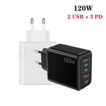 ที่ชาร์จพอร์ตคู่ 120W 3 PD Type-C และ USB สำหรับโทรศัพท์มือถือ ปลั๊ก EU, ปลั๊ก EU