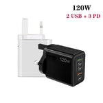 ที่ชาร์จพอร์ตคู่ 120W 3 PD Type-C และ USB สำหรับโทรศัพท์มือถือ ปลั๊ก UK, ปลั๊ก UK