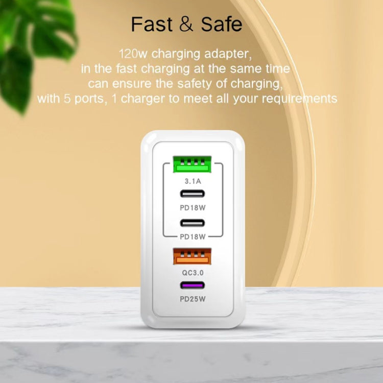 120W PD3.0 3 Type-C 2 USB Multi Port Quick Charger with Type-C to Type-C Cable, EU Plug, EU Plug + C to C Cable
