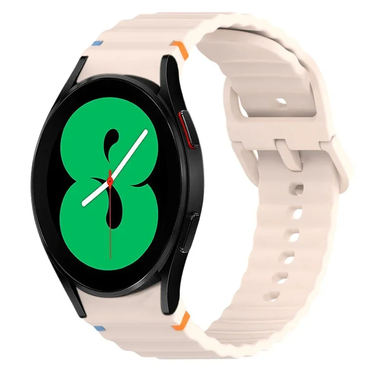 Wavy grain stitched silicone watch band for Samsung Galaxy Watch 4, shown on a smartwatch with a black face.