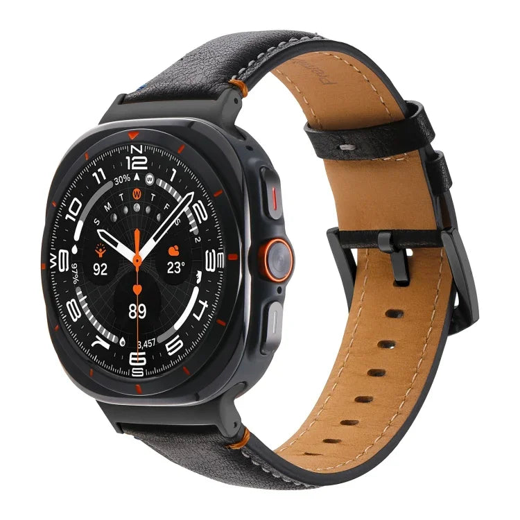 สายรัดนาฬิกาหนังแท้สีดำเย็บ พร้อมหัวเข็มขัด สำหรับ Samsung Galaxy Watch Ultra 47 มม.