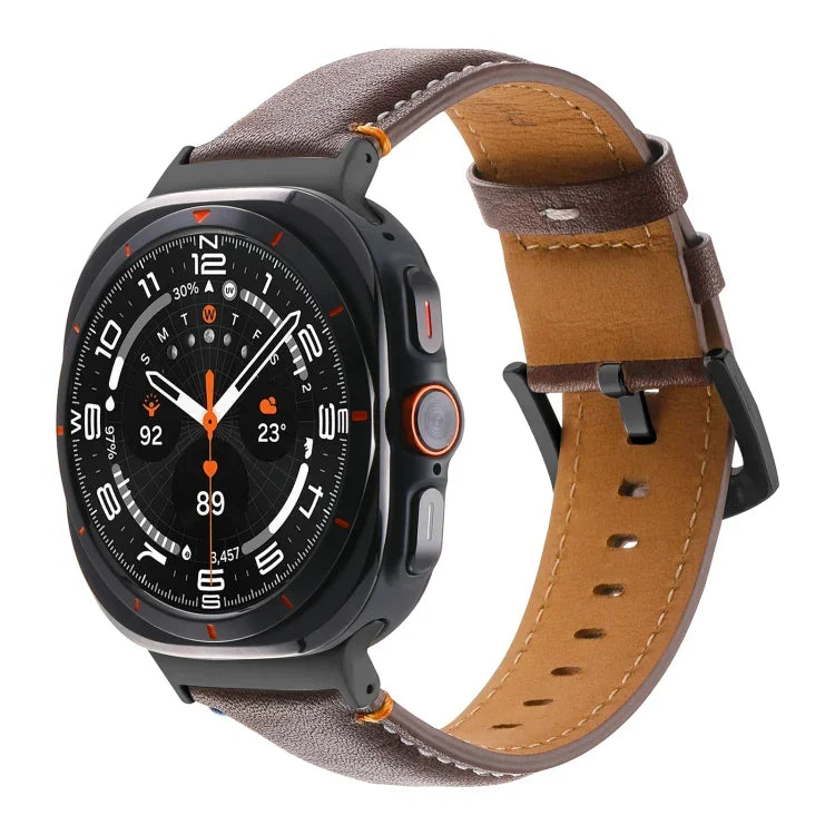 สายรัดนาฬิกาหนังแท้สีดำเย็บ พร้อมหัวเข็มขัด สำหรับ Samsung Galaxy Watch Ultra 47 มม.