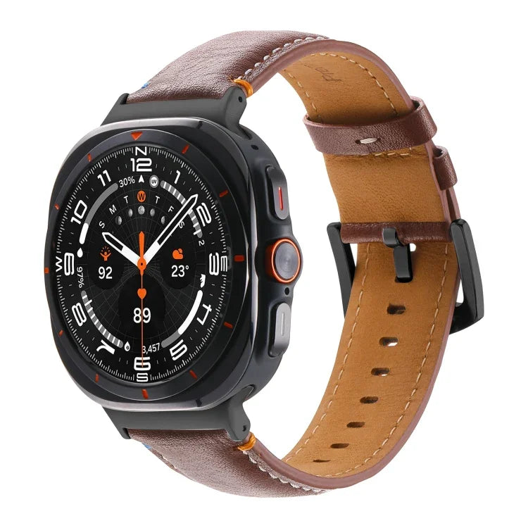 สายรัดนาฬิกาหนังแท้สีดำเย็บ พร้อมหัวเข็มขัด สำหรับ Samsung Galaxy Watch Ultra 47 มม.