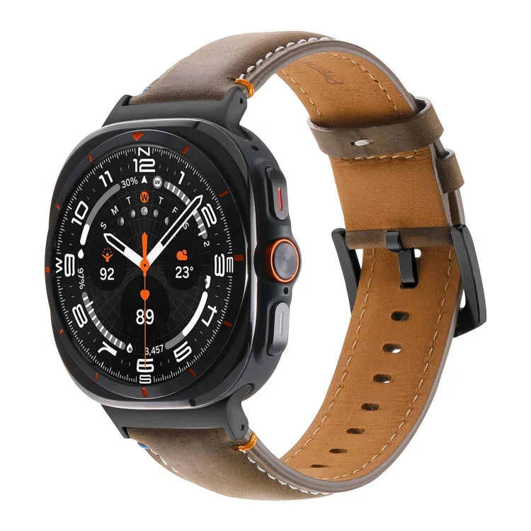 สายรัดนาฬิกาหนังแท้สีดำเย็บ พร้อมหัวเข็มขัด สำหรับ Samsung Galaxy Watch Ultra 47 มม.