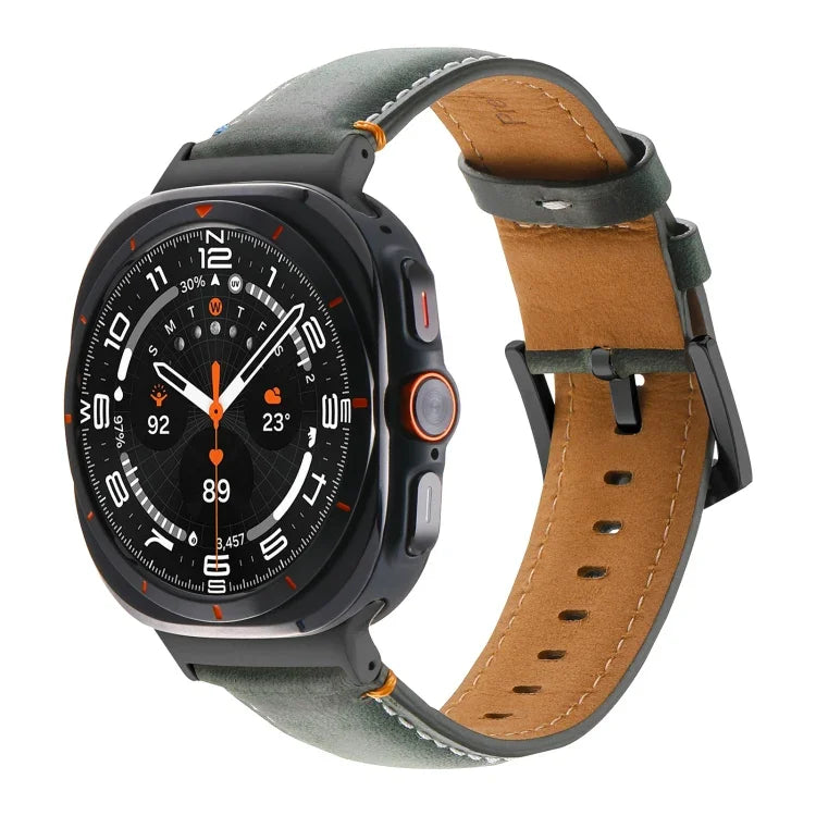 สายรัดนาฬิกาหนังแท้สีดำเย็บ พร้อมหัวเข็มขัด สำหรับ Samsung Galaxy Watch Ultra 47 มม.