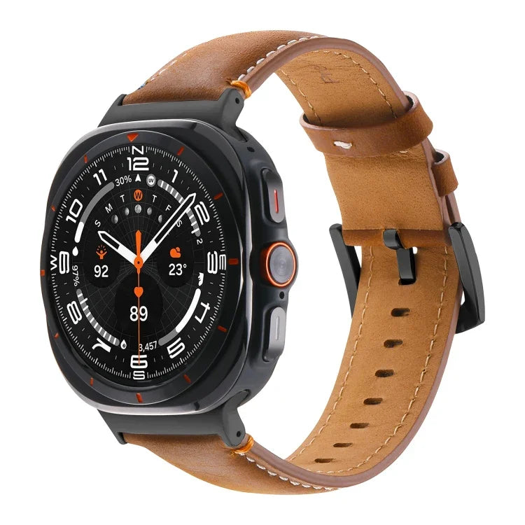 สายรัดนาฬิกาหนังแท้สีดำเย็บ พร้อมหัวเข็มขัด สำหรับ Samsung Galaxy Watch Ultra 47 มม.