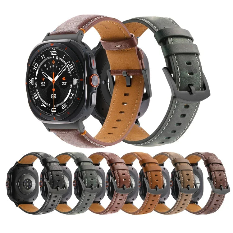 สายรัดนาฬิกาหนังแท้สีดำเย็บ พร้อมหัวเข็มขัด สำหรับ Samsung Galaxy Watch Ultra 47 มม.