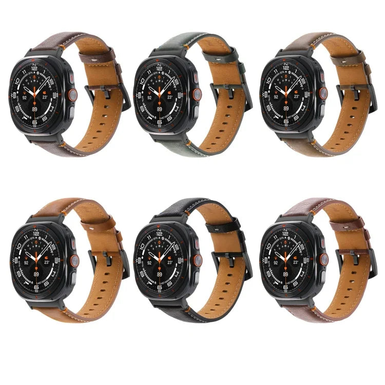 สายรัดนาฬิกาหนังแท้สีดำเย็บ พร้อมหัวเข็มขัด สำหรับ Samsung Galaxy Watch Ultra 47 มม.