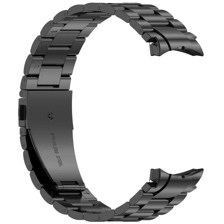 Metal watch band for Samsung Galaxy Watch, black stainless steel quick release strap, durable and adjustable design.