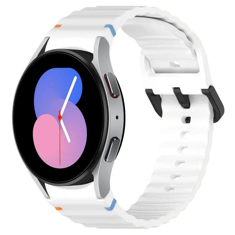 สายซิลิโคนลายเกรนคลื่นเย็บพร้อมบัคเคิลสีดำ สำหรับ Samsung Galaxy Watch 5 40 / 44 มม., สำหรับ Samsung Galaxy Watch 5 Pro, สำหรับ Samsung Galaxy Watch 4 40 / 44 มม., สำหรับ Samsung Galaxy Watch 4 Classic 42 / 46 มม.