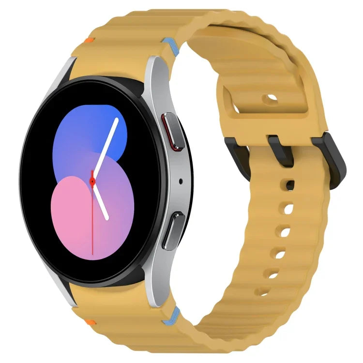 สายซิลิโคนลายเกรนคลื่นเย็บพร้อมบัคเคิลสีดำ สำหรับ Samsung Galaxy Watch 5 40 / 44 มม., สำหรับ Samsung Galaxy Watch 5 Pro, สำหรับ Samsung Galaxy Watch 4 40 / 44 มม., สำหรับ Samsung Galaxy Watch 4 Classic 42 / 46 มม.