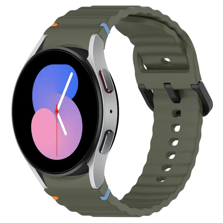 สายซิลิโคนลายเกรนคลื่นเย็บพร้อมบัคเคิลสีดำ สำหรับ Samsung Galaxy Watch 5 40 / 44 มม., สำหรับ Samsung Galaxy Watch 5 Pro, สำหรับ Samsung Galaxy Watch 4 40 / 44 มม., สำหรับ Samsung Galaxy Watch 4 Classic 42 / 46 มม.