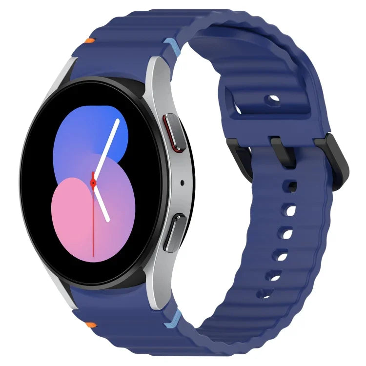 สายซิลิโคนลายเกรนคลื่นเย็บพร้อมบัคเคิลสีดำ สำหรับ Samsung Galaxy Watch 5 40 / 44 มม., สำหรับ Samsung Galaxy Watch 5 Pro, สำหรับ Samsung Galaxy Watch 4 40 / 44 มม., สำหรับ Samsung Galaxy Watch 4 Classic 42 / 46 มม.