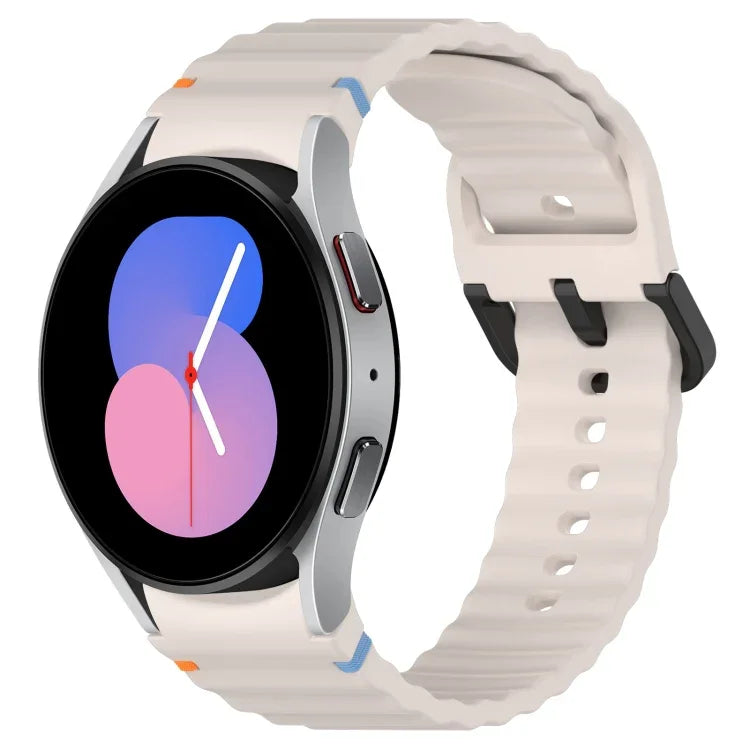 สายซิลิโคนลายเกรนคลื่นเย็บพร้อมบัคเคิลสีดำ สำหรับ Samsung Galaxy Watch 5 40 / 44 มม., สำหรับ Samsung Galaxy Watch 5 Pro, สำหรับ Samsung Galaxy Watch 4 40 / 44 มม., สำหรับ Samsung Galaxy Watch 4 Classic 42 / 46 มม.