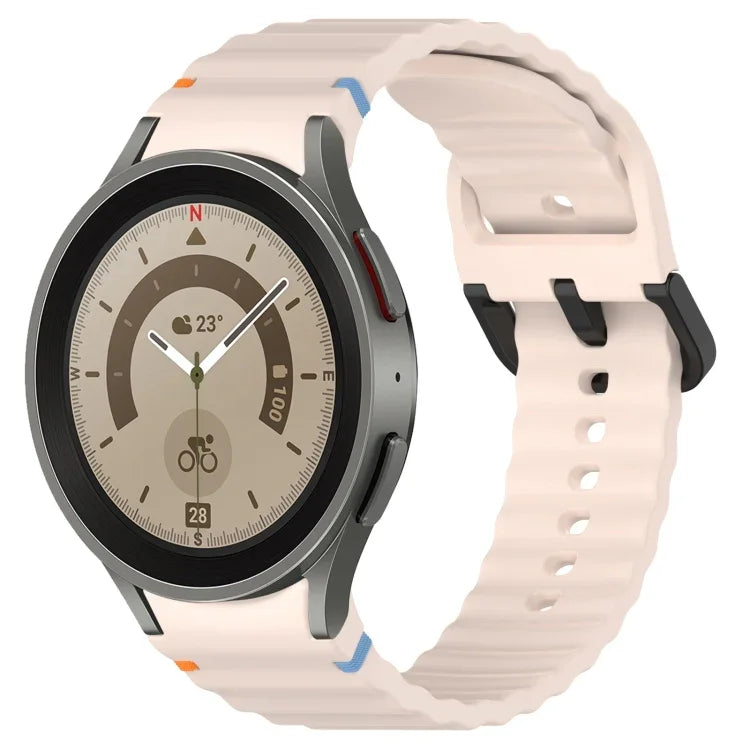 สายซิลิโคนลายเกรนคลื่นเย็บพร้อมบัคเคิลสีดำ สำหรับ Samsung Galaxy Watch 5 40 / 44 มม., สำหรับ Samsung Galaxy Watch 5 Pro, สำหรับ Samsung Galaxy Watch 4 40 / 44 มม., สำหรับ Samsung Galaxy Watch 4 Classic 42 / 46 มม.
